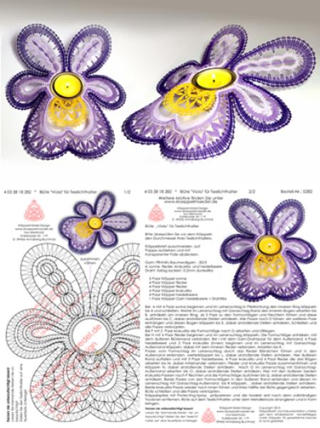 282 Klöppelbrief  „Viola“ für Holz-Teelichthalter